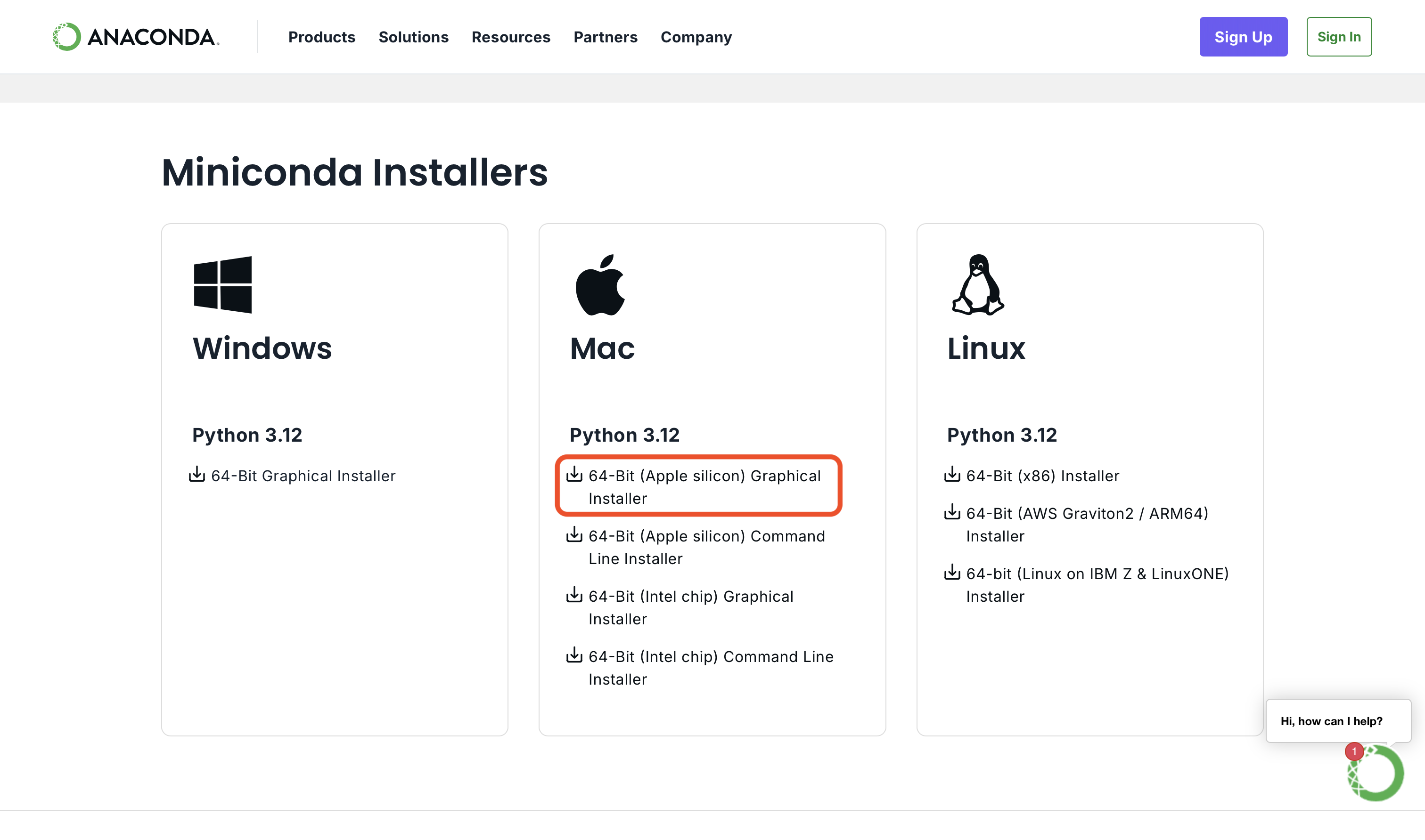 Downloading the miniconda dmg installer