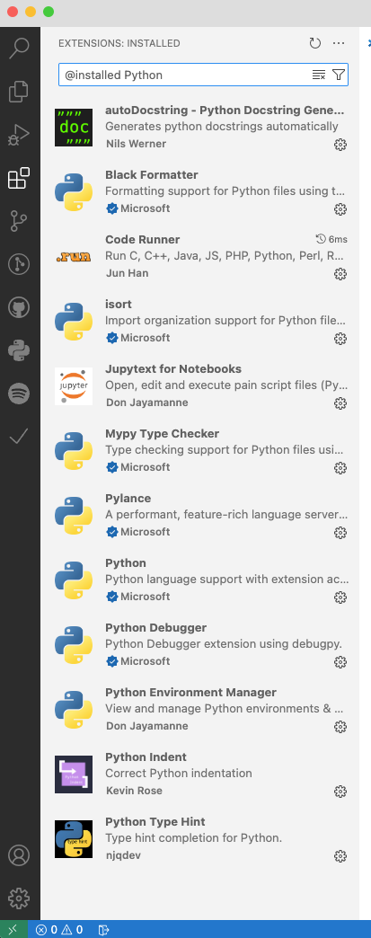 Adding Python extensions from the extensions pane