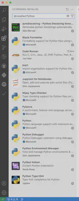 Adding Python extensions from the extensions pane